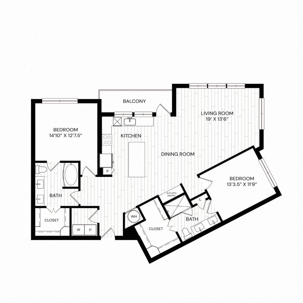 Floor plan for 2 beds, 2 baths, 1445 sqft